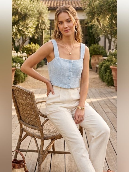 Tops - JASON WU Tweed Cropped Top Light Blue Button Front Tank Square Neck Preppy | 2